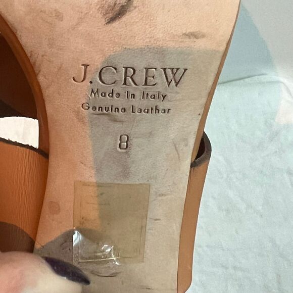 J.Crew Made in Italy Tan Leather Gold Finished Hardware Heel Sandal Size 8 - Picture 7 of 10